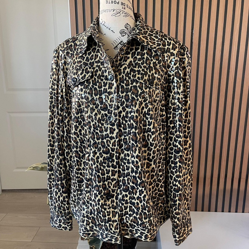 Perceptions Woman Leopard Print Button Down Shirt Sheer Sequins‎ Womens 14W
